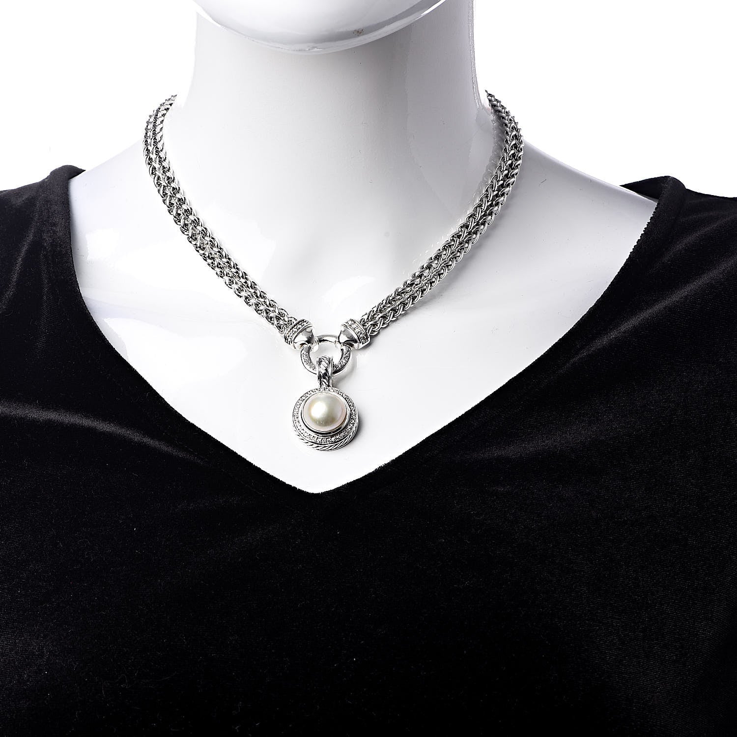 David Yurman Sterling Silver Diamond Pearl Double Wheat Chain Pendant Necklace 2 of 6