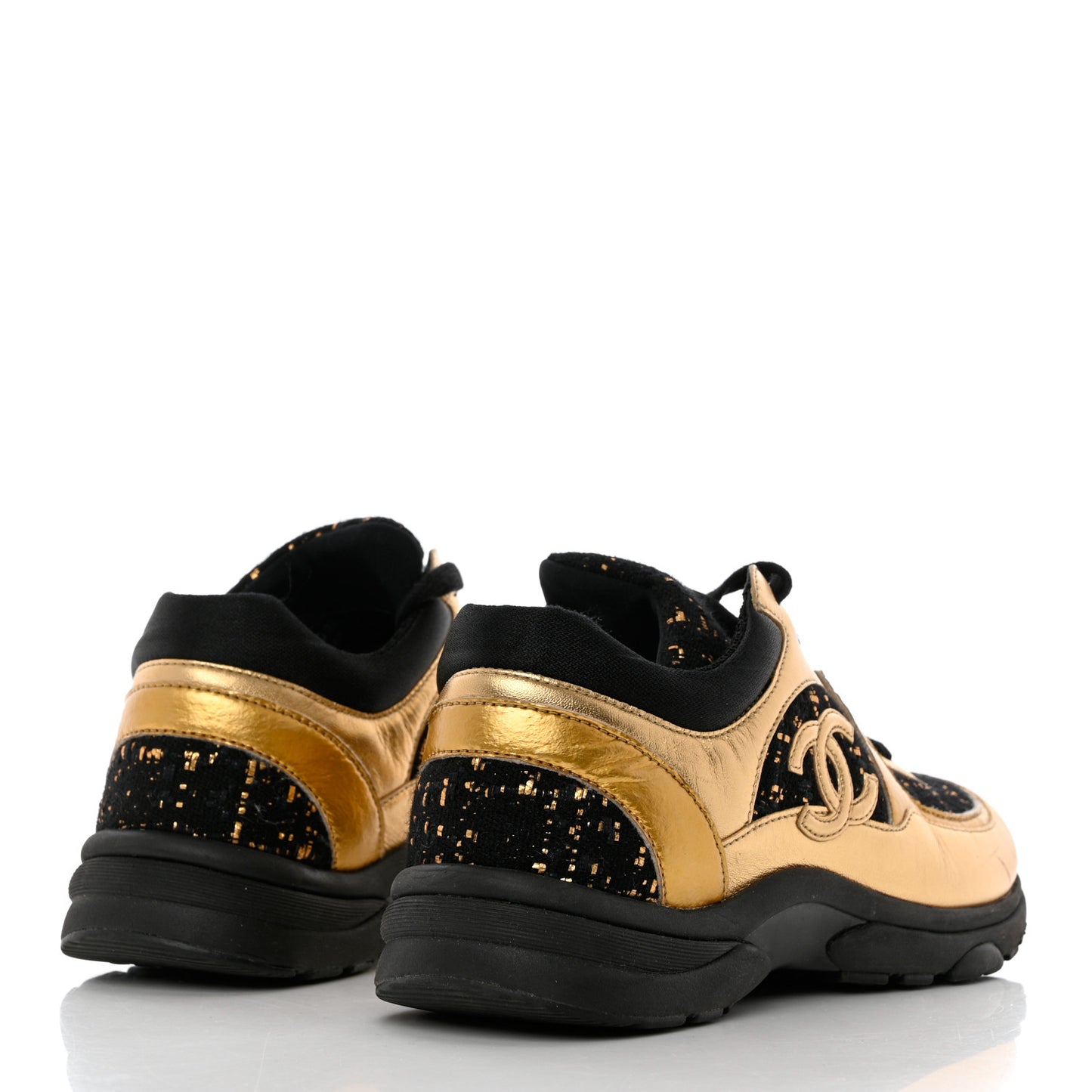 Satin Lambskin Fabric Tweed CC Sneakers 37 Gold Black