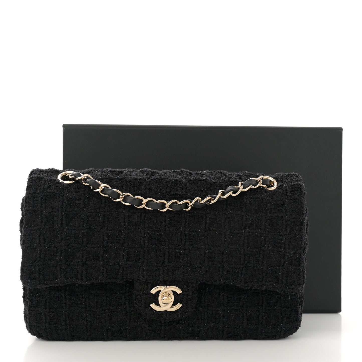 Tweed Quilted Medium Double Flap Black