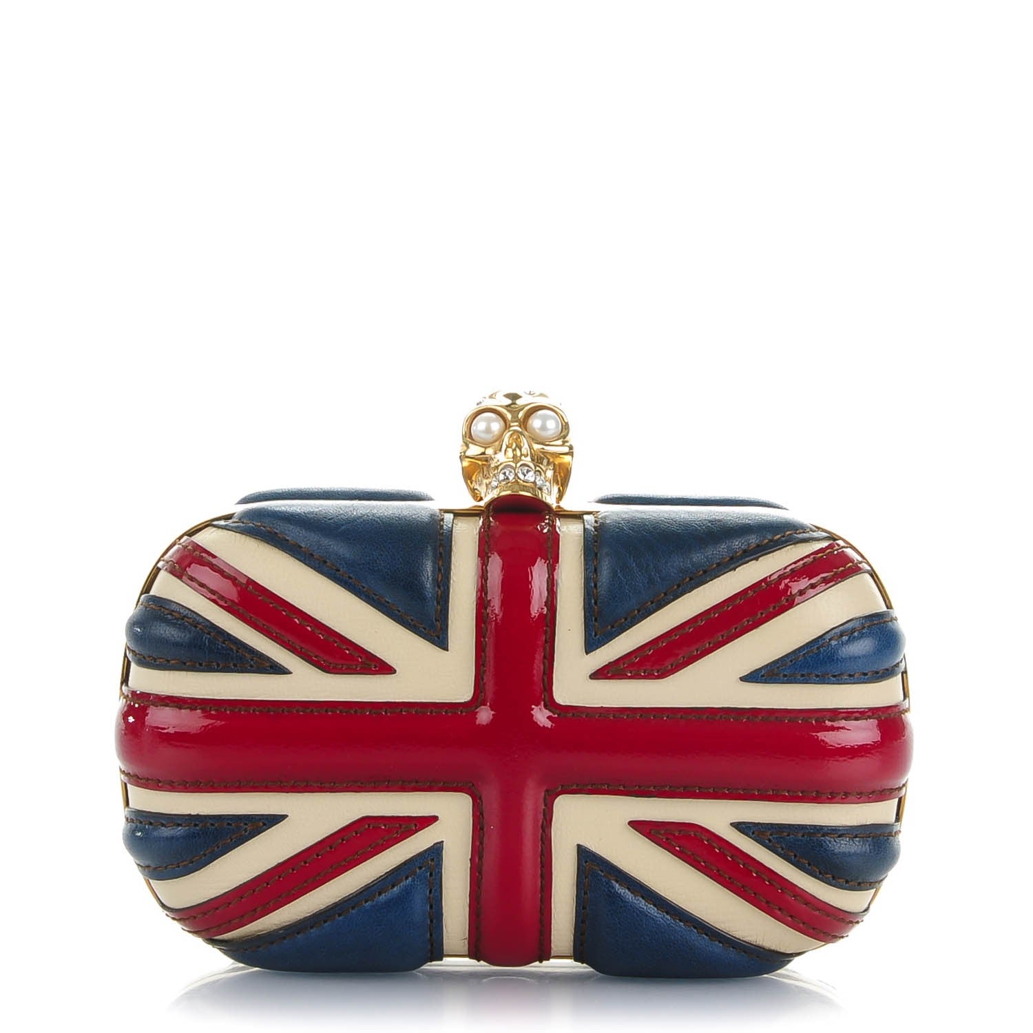 Alexander McQueen Patent Calfskin Britannia Skull Box Clutch Red Blue 1 of 7