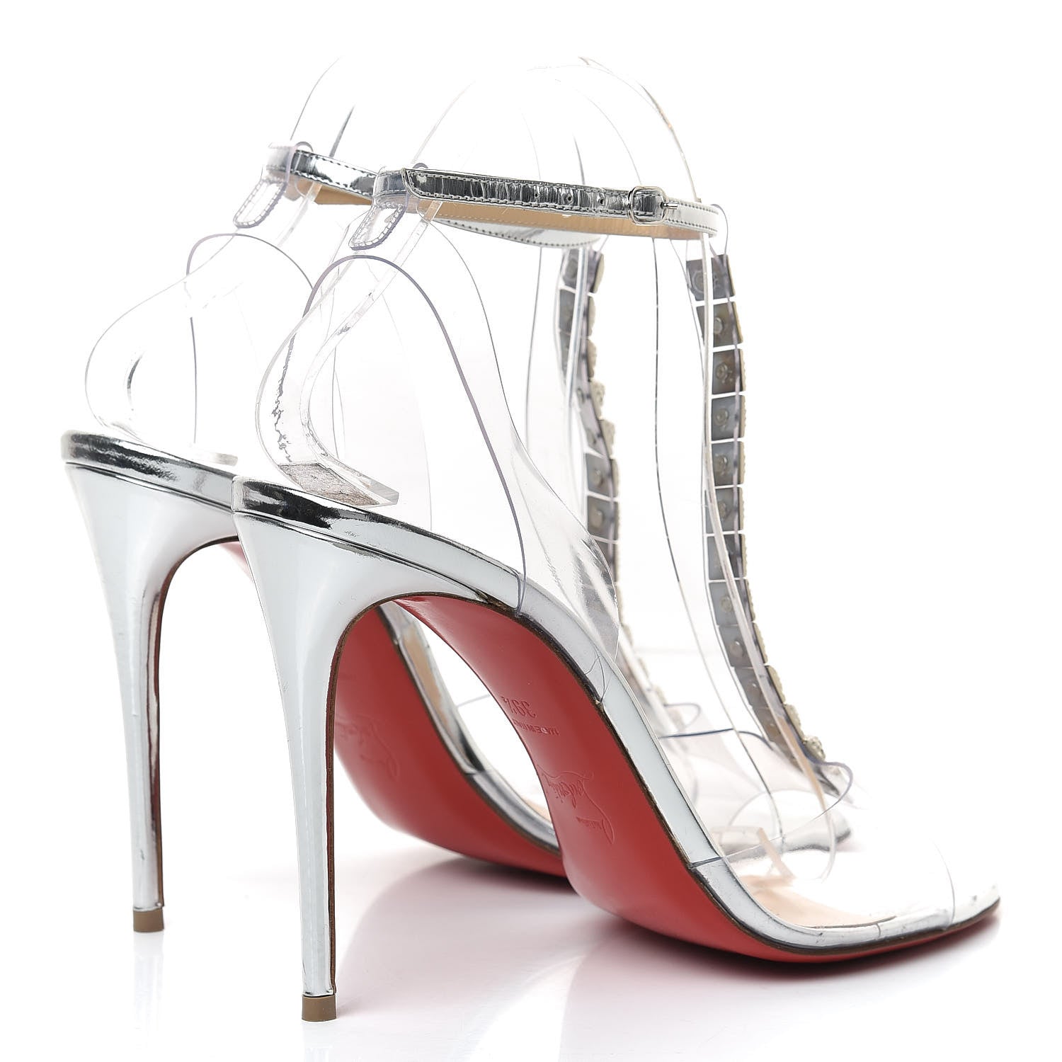 Christian Louboutin PVC Spiked Jamais Assez 100 T-Strap Sandals 39.5 Silver 4 of 11