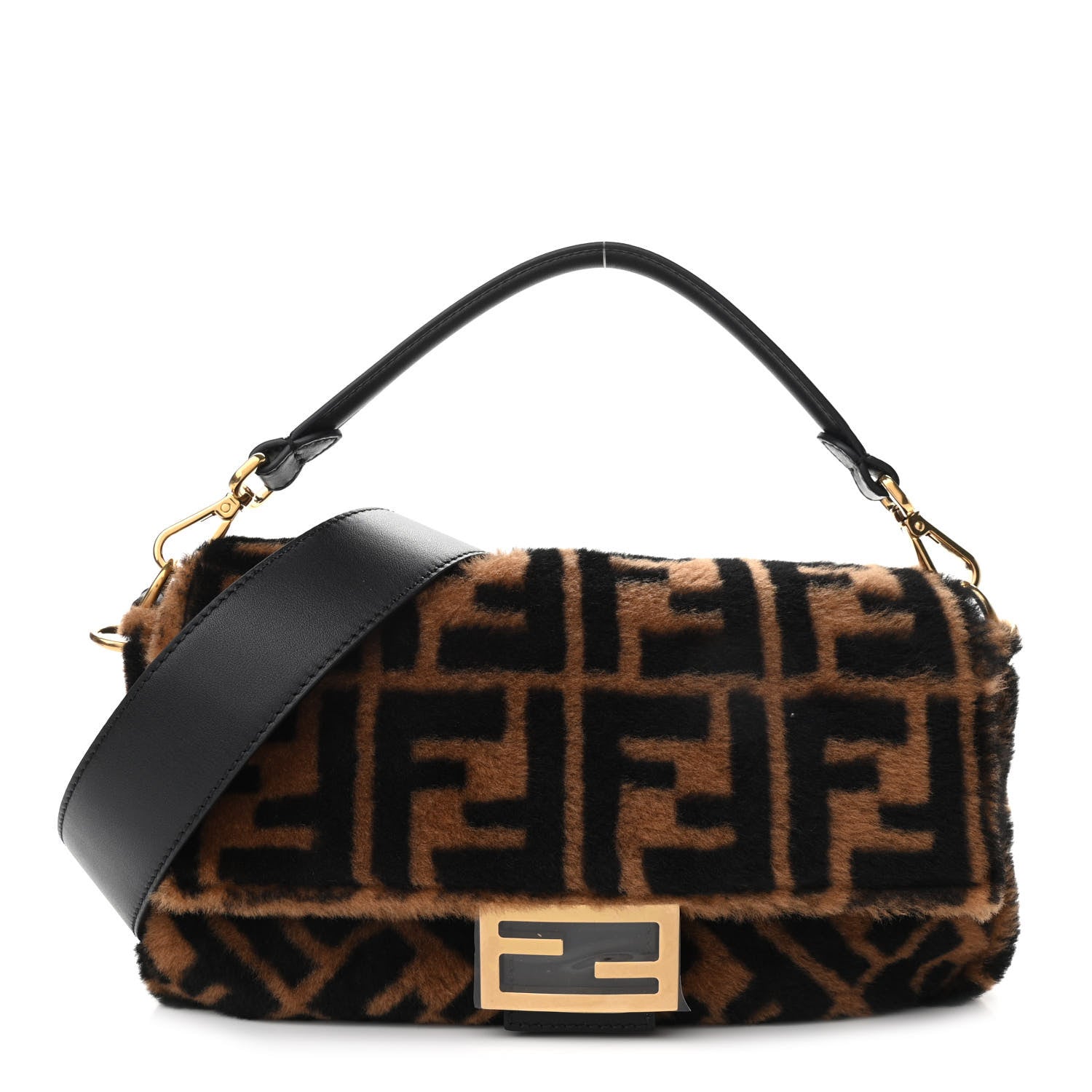 Fendi Shearling Vitello Dolce Macro FF 1974 Baguette Tobacco Black 1 of 10