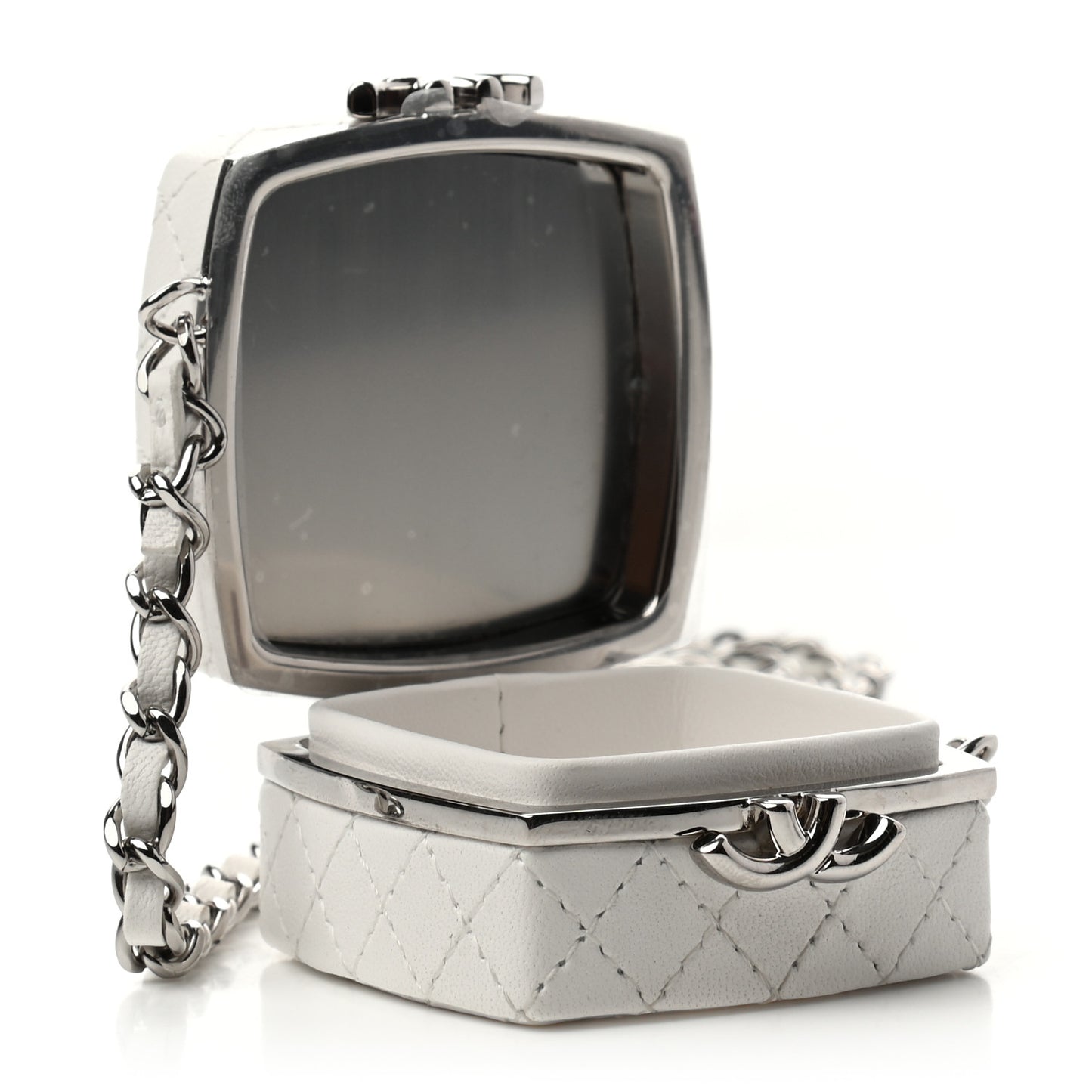 Patent Goatskin Quilted Clutch With Chain White