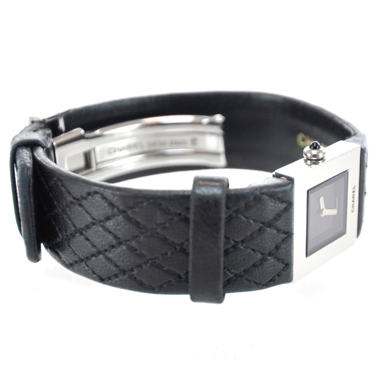 Stainless Steel Calfskin 19mm Quilted Matelasse Quartz Watch Black