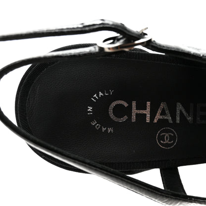 Chanel Crumpled Shiny Fabric Grosgrain Cap Toe Camellia Bow Slingback Pumps 39 Black 15 of 18