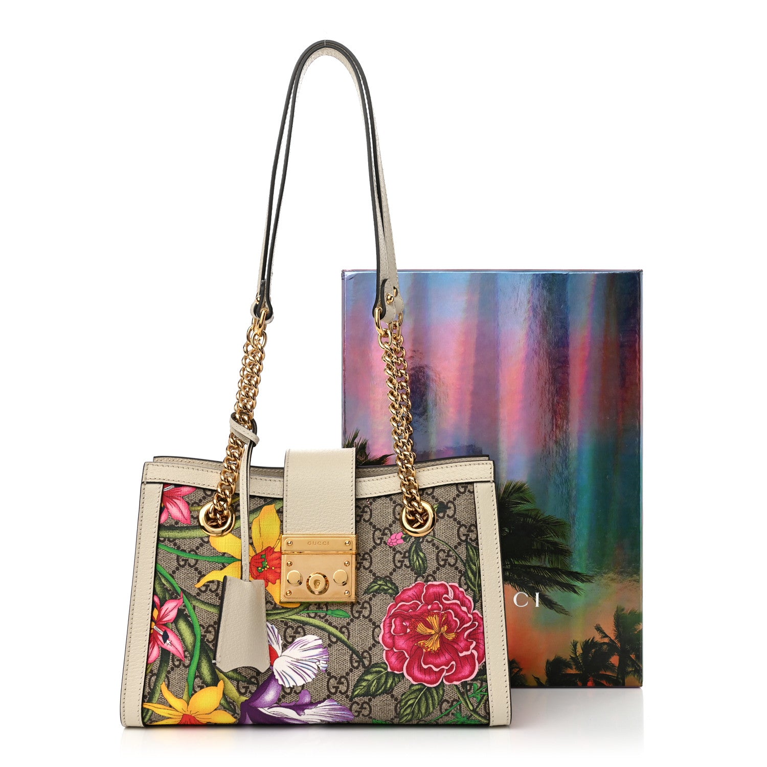 Gucci GG Supreme Monogram Flora Textured Calfskin Small Padlock Tote Beige Ebony Multicolor Mystic White 14 of 14