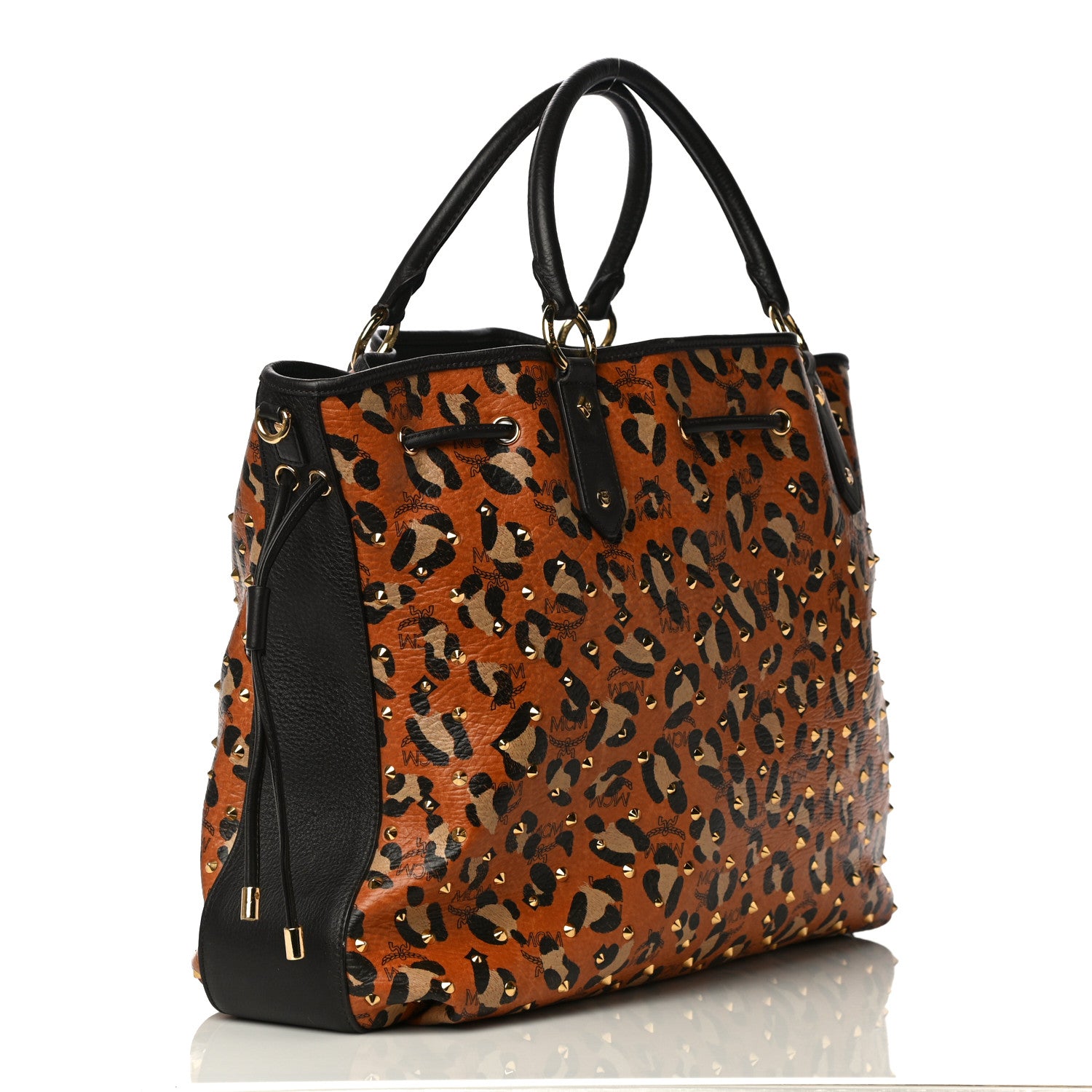 MCM Visetos Leopard Print Large Drawstring Shoulder Bag Cognac 3 of 11