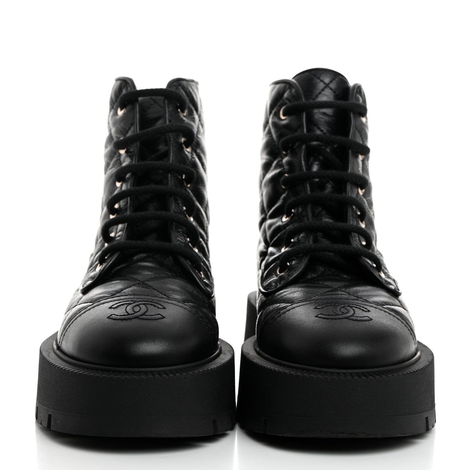 Chanel Crumpled Lambskin Quilted Platform Lace Up Combat Boots 37 Black 2 of 9