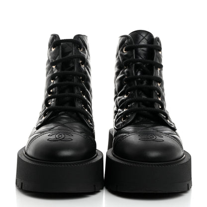 Chanel Crumpled Lambskin Quilted Platform Lace Up Combat Boots 37 Black 2 of 9