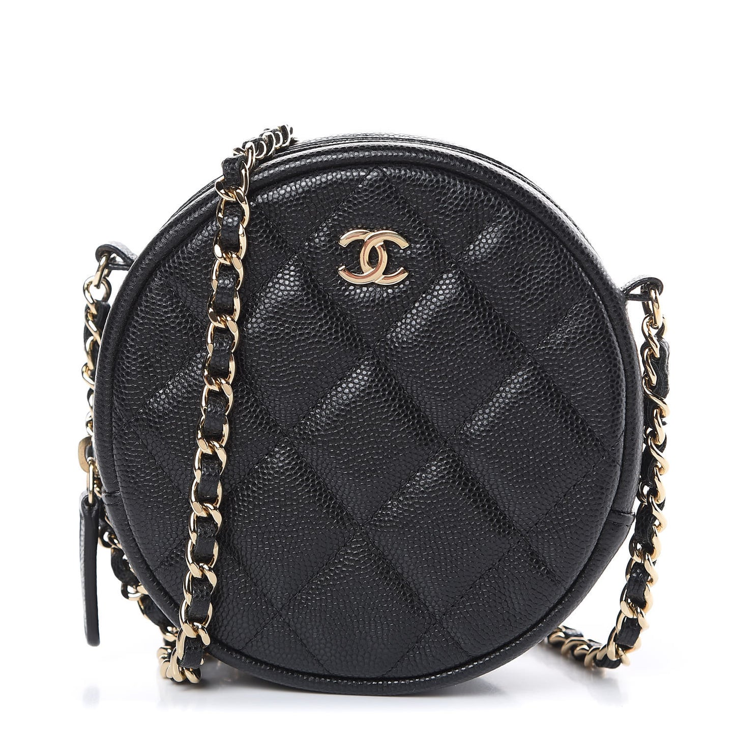 Caviar Quilted Round Clutch With Chain Black