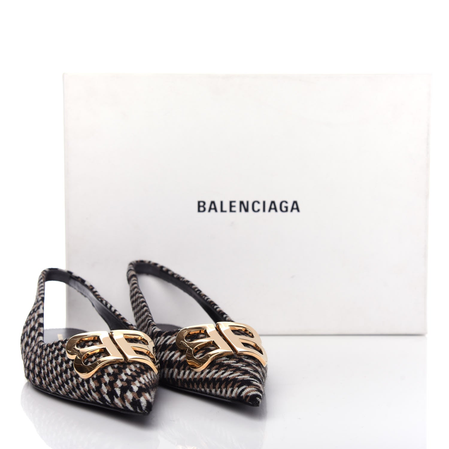 Balenciaga Tweed Prince Of Wales BB Knife Pointy Toe Slingback Flats 38 Camel Black 11 of 11