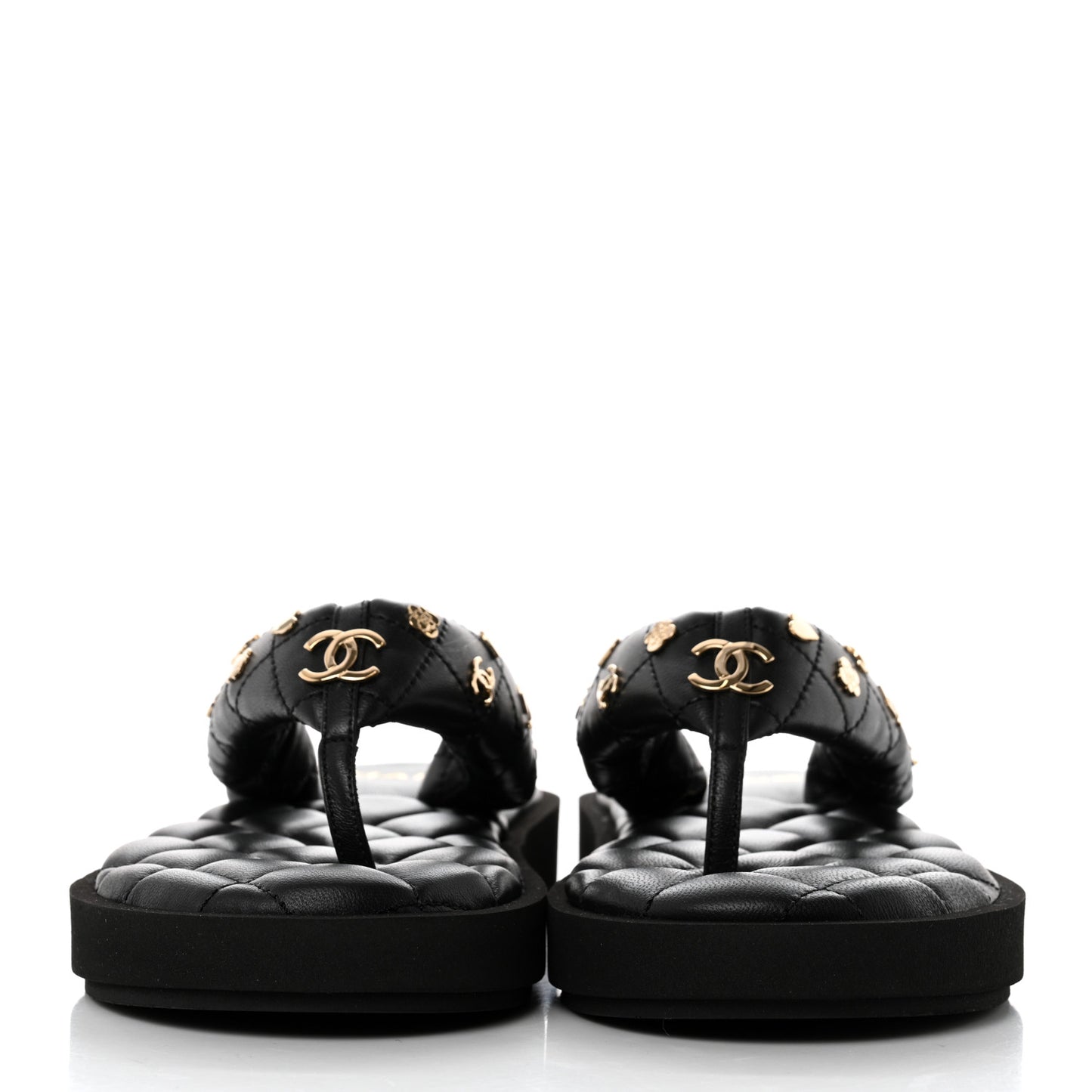 Lambskin Quilted Padded Charms Thong Sandals 36.5 Black