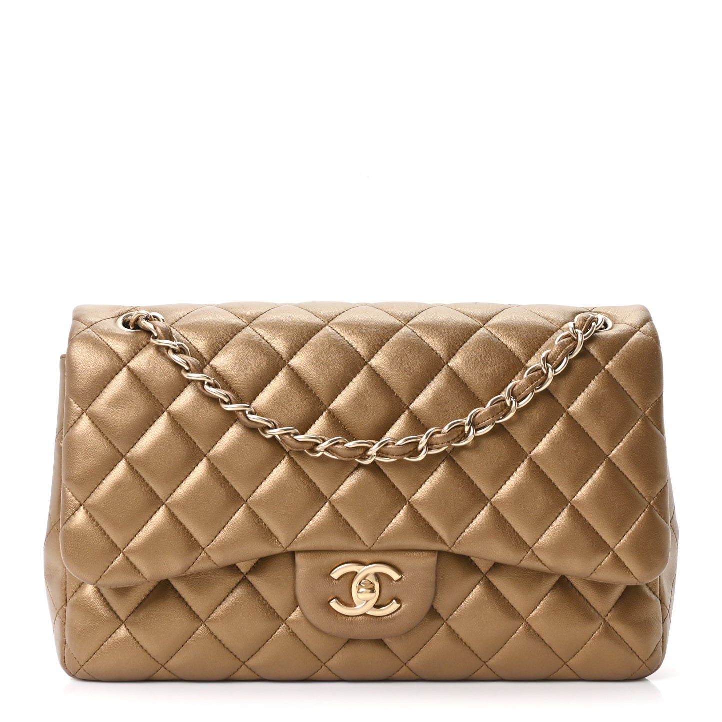 Metallic Lambskin Quilted Jumbo Double Flap Khaki