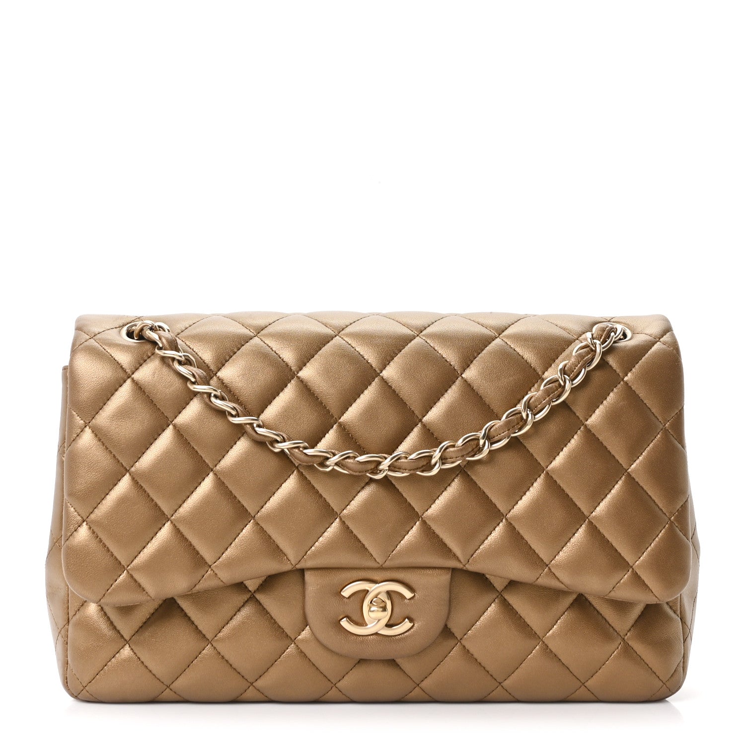 Chanel Metallic Lambskin Quilted Jumbo Double Flap Khaki 1 of 9