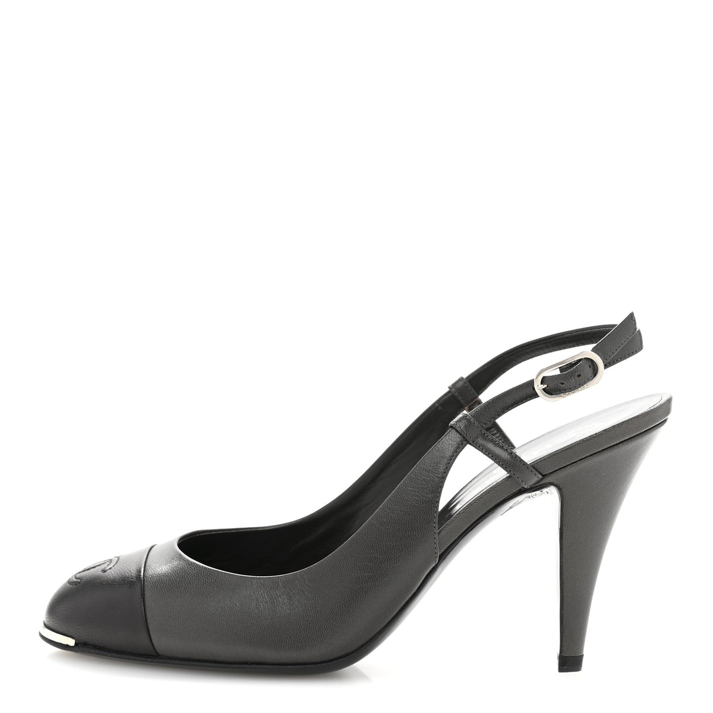 Lambskin Cap Toe CC Slingback Heels 39.5 Dark Grey Black