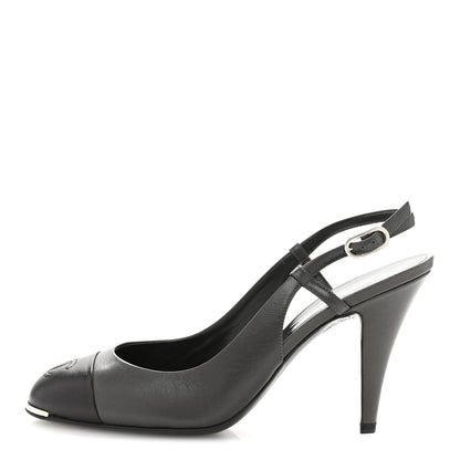 Chanel Lambskin Cap Toe CC Slingback Heels 39.5 Dark Grey Black 1 of 12