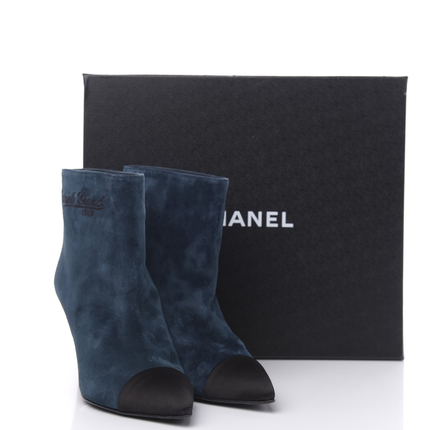 Chanel Suede Calfskin Satin Gabrielle Cap Toe Short Boots 38.5 Blue Black 10 of 10