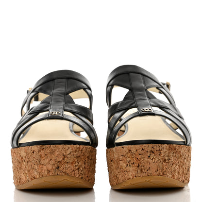 Chanel Lambskin Cork Pearl CC Platform Sandals 40 Black 2 of 10