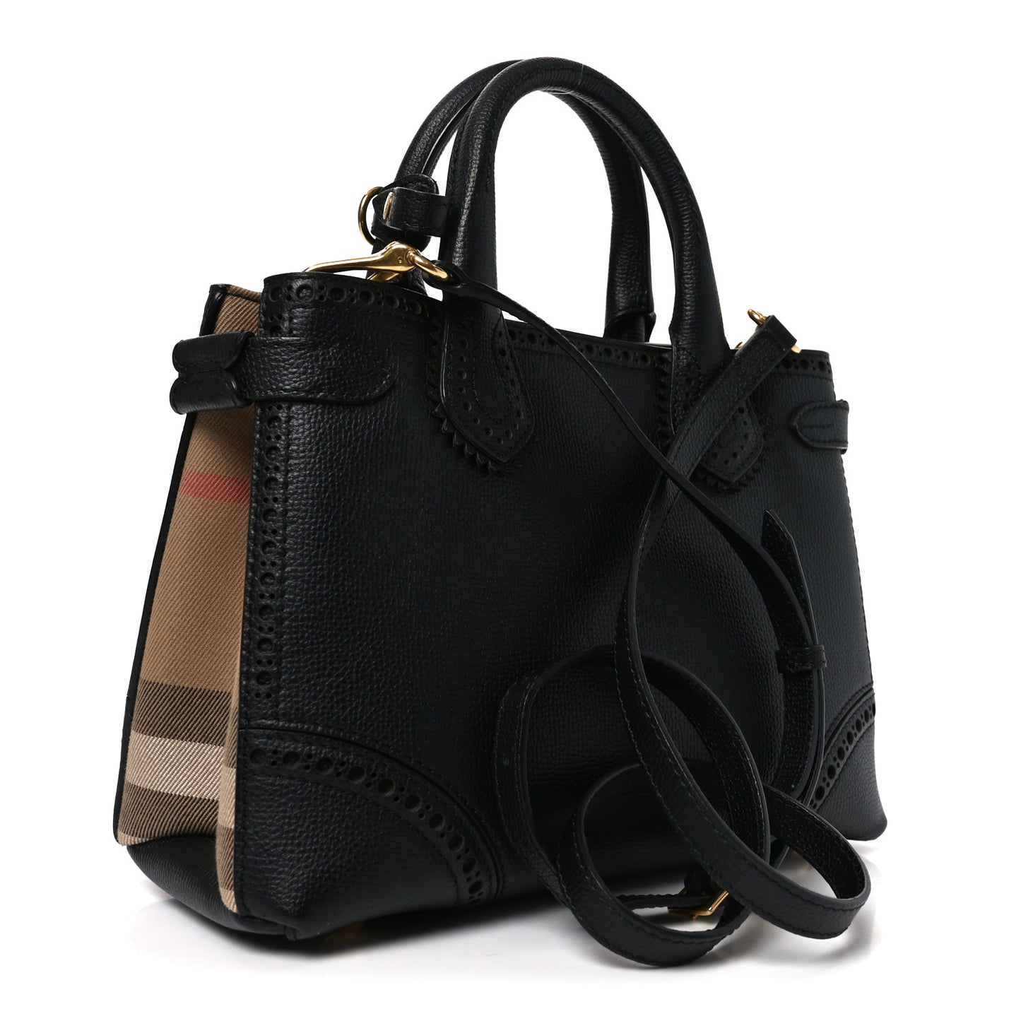 Grainy Calfskin House Check Small Brogue Banner Tote Black