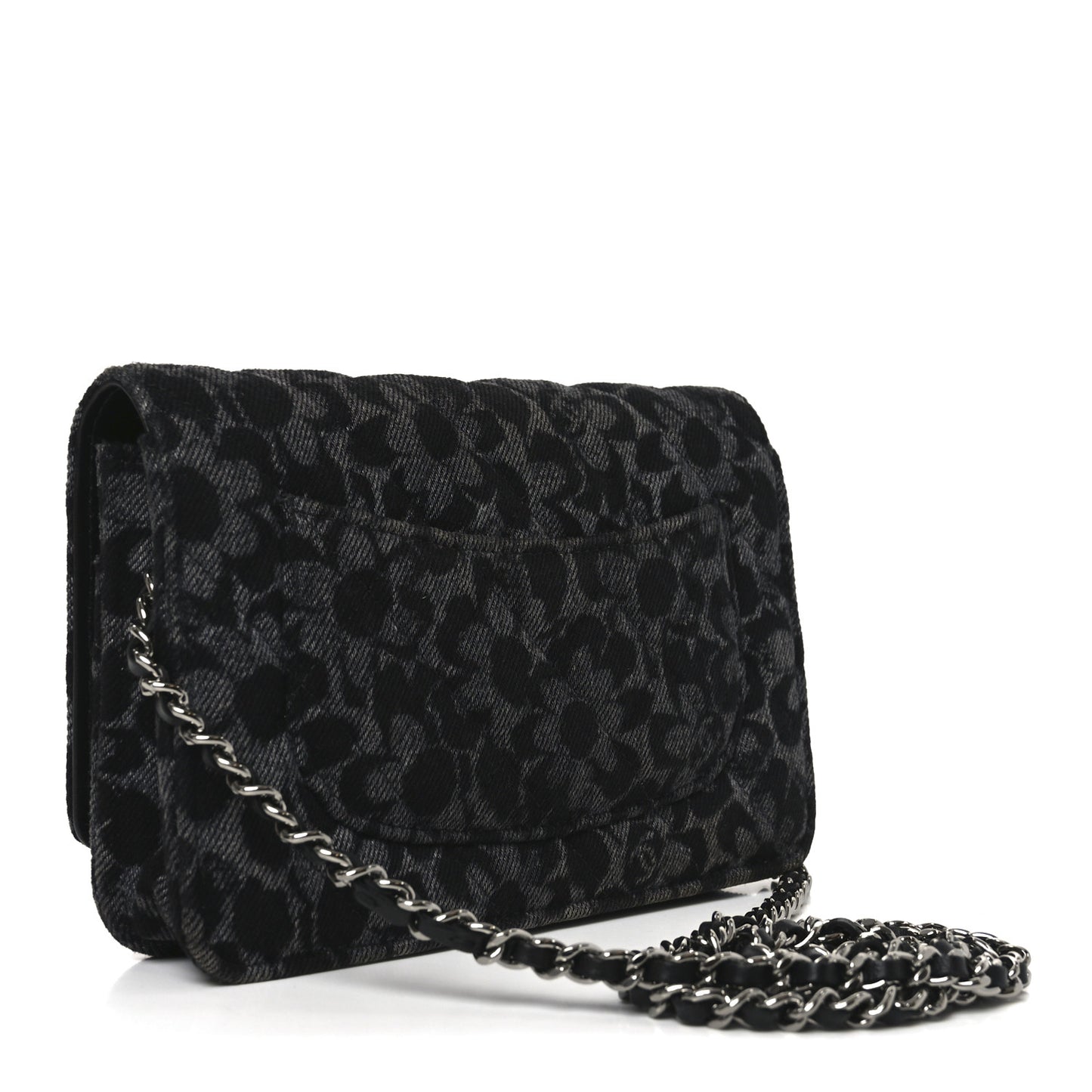Printed Denim Quilted Flower Wallet On Chain WOC Black