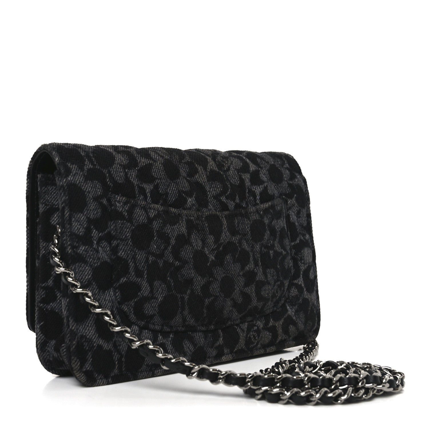 Chanel Printed Denim Quilted Flower Wallet On Chain WOC Black 3 of 12