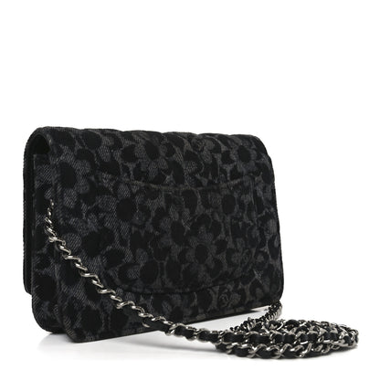 Chanel Printed Denim Quilted Flower Wallet On Chain WOC Black 3 of 12