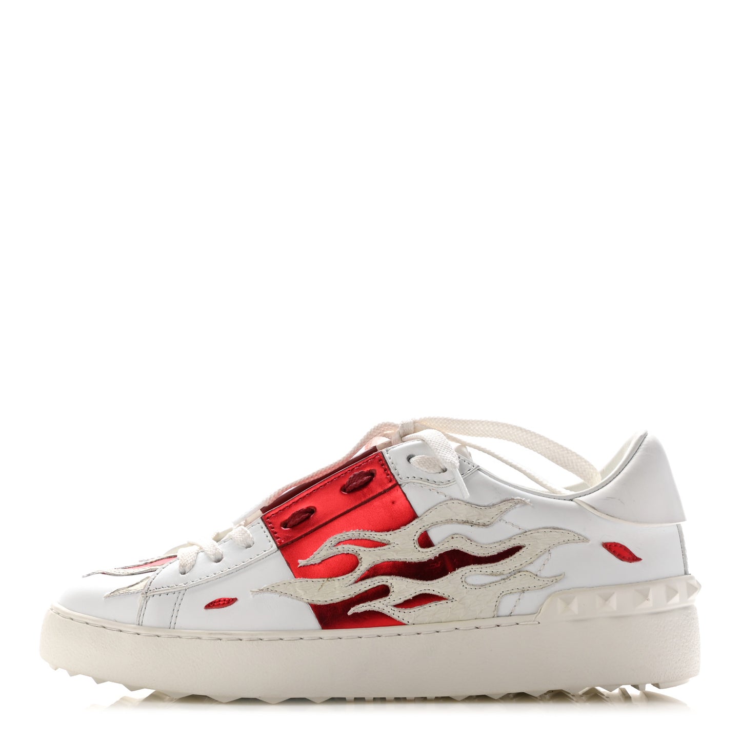 Metallic Calfskin Flames Womens Rockstud Open Sneakers 37 White Red