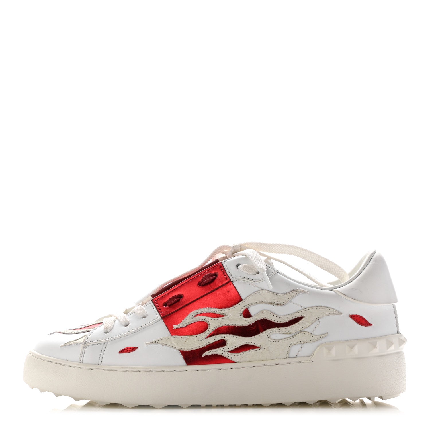 Valentino Garavani Metallic Calfskin Flames Womens Rockstud Open Sneakers 37 White Red 1 of 8