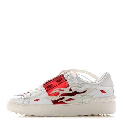 Valentino Garavani Metallic Calfskin Flames Womens Rockstud Open Sneakers 37 White Red 1 of 8