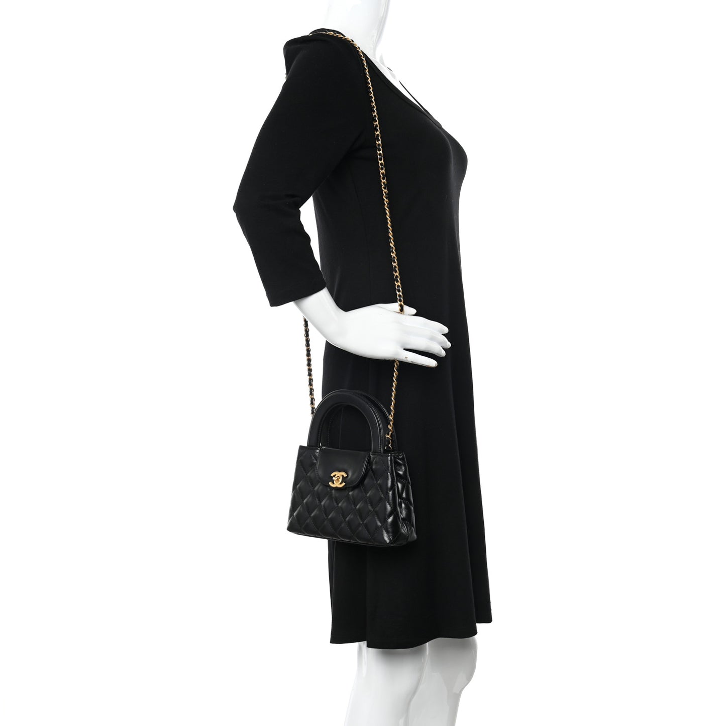 Shiny Aged Calfskin Quilted Nano Kelly Shopper Black