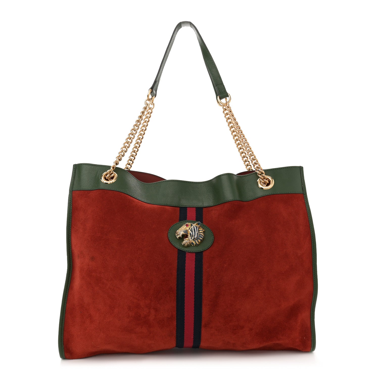 Gucci Suede Calfskin Large Rajah Chain Tote Brown Green 1 of 15