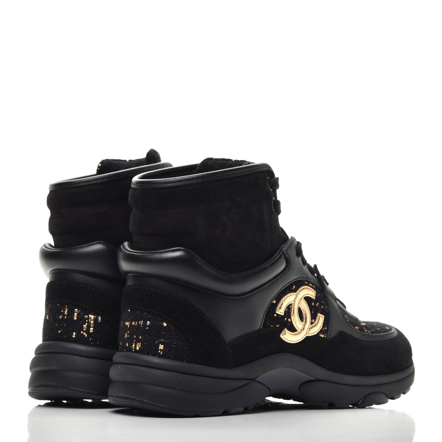 Chanel Velour Tweed CC High Top Sneakers 36 Black Gold 4 of 9