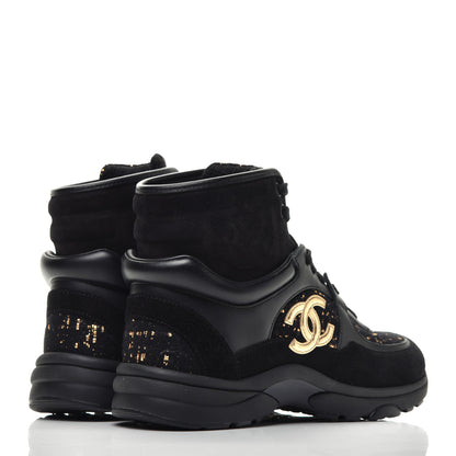 Chanel Velour Tweed CC High Top Sneakers 36 Black Gold 4 of 9