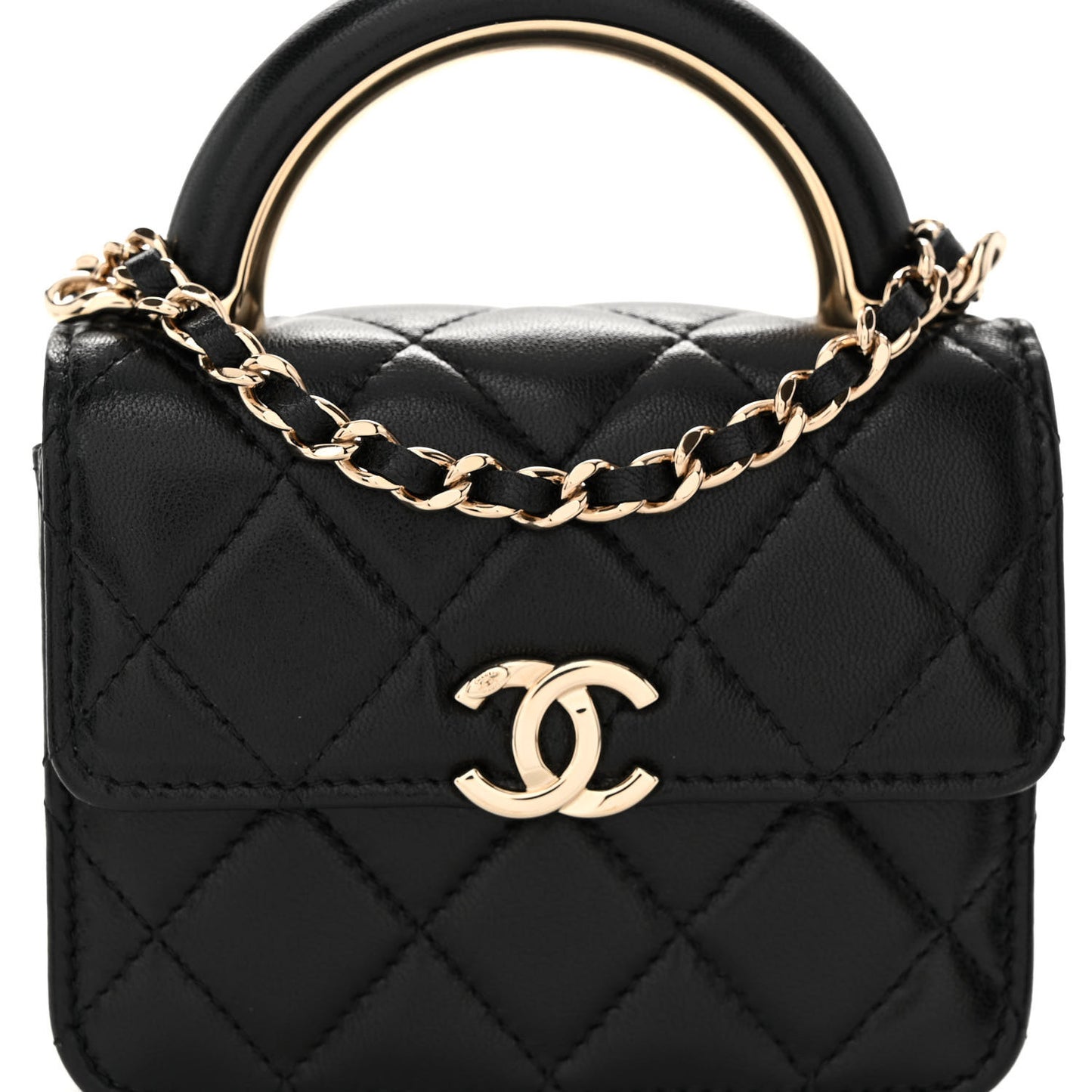 Lambskin Quilted Top Handle Flap Clutch With Chain Black