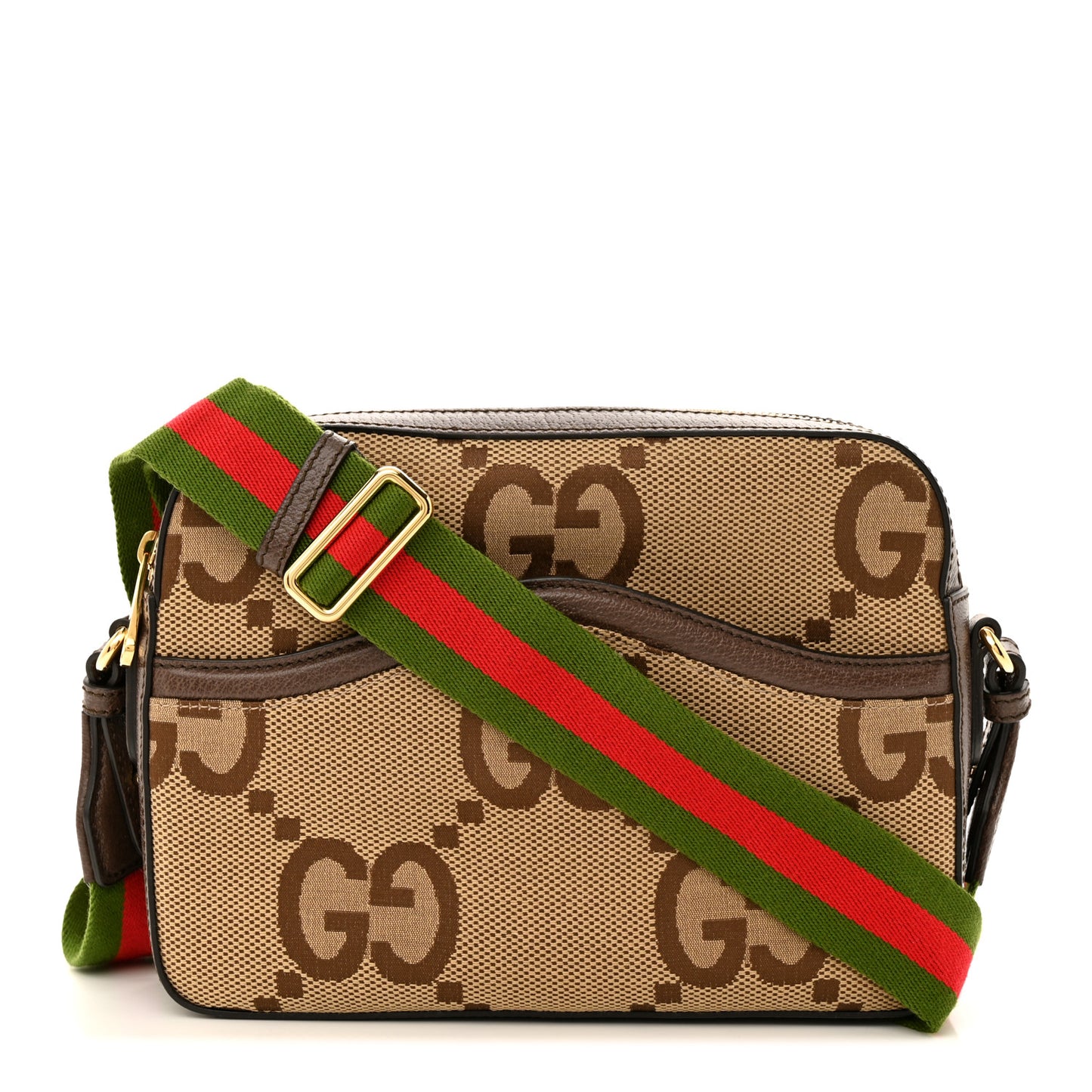 Monogram Jumbo GG Textured Dollar Calfskin Web Messenger Shoulder Bag Camel Ebony New Acero