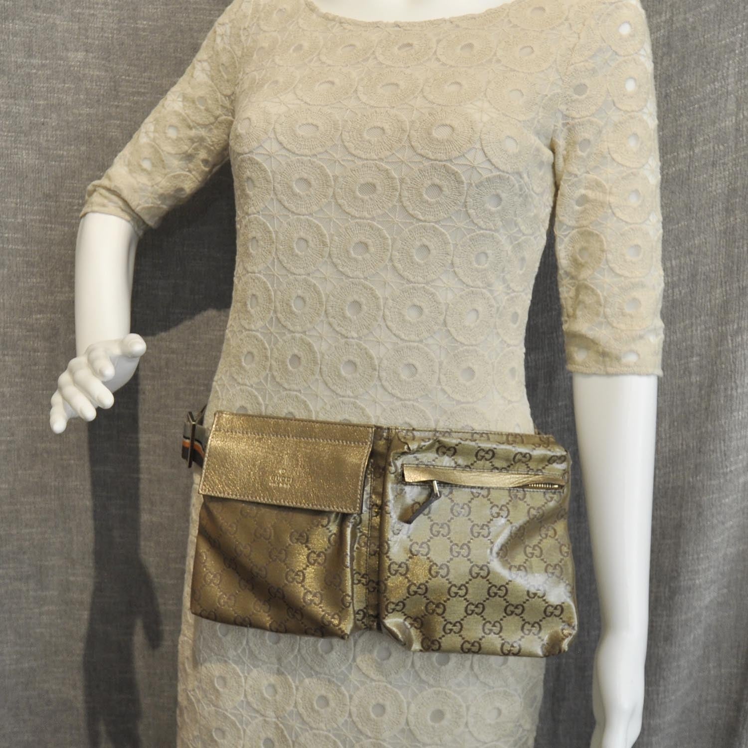 Gucci Crystal Monogram Web Double Pocket Belt Bag Gold 3 of 9