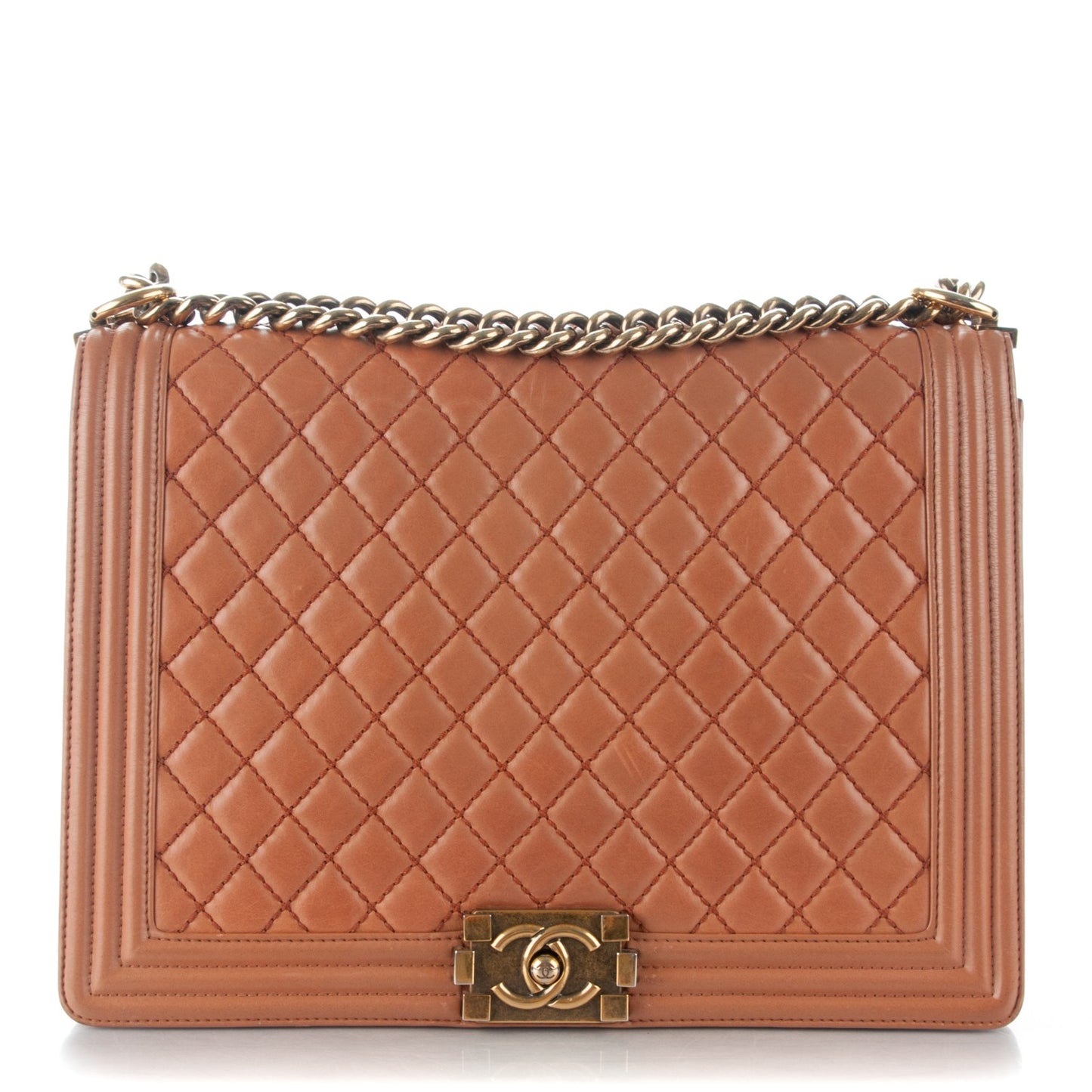 Calfskin Quilted Large Boy Flap Dark Beige