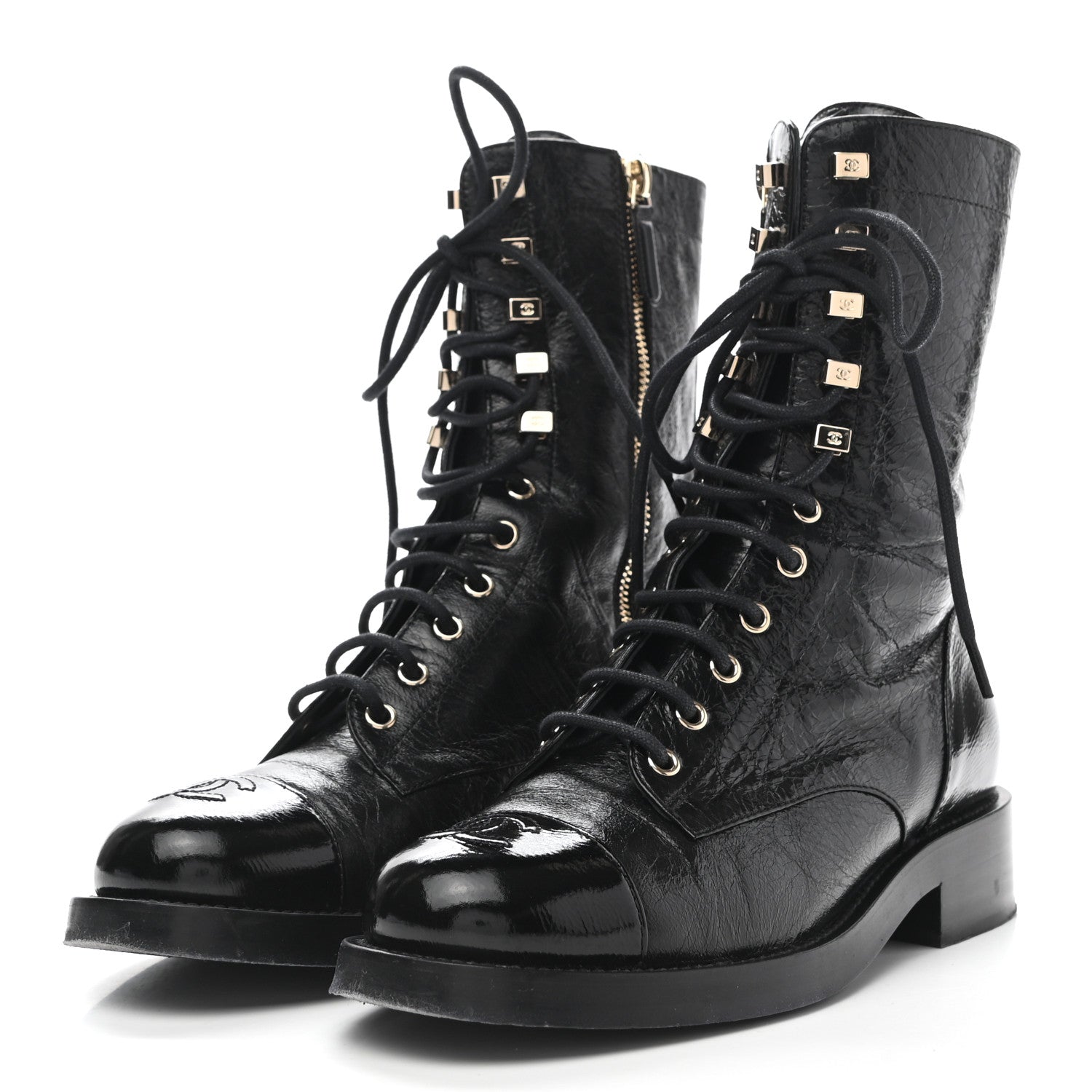 Chanel Aged Calfskin Lace Up Combat Boots 37.5 Black 3 of 9