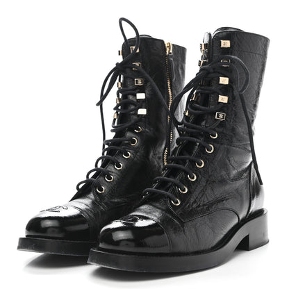 Chanel Aged Calfskin Lace Up Combat Boots 37.5 Black 3 of 9
