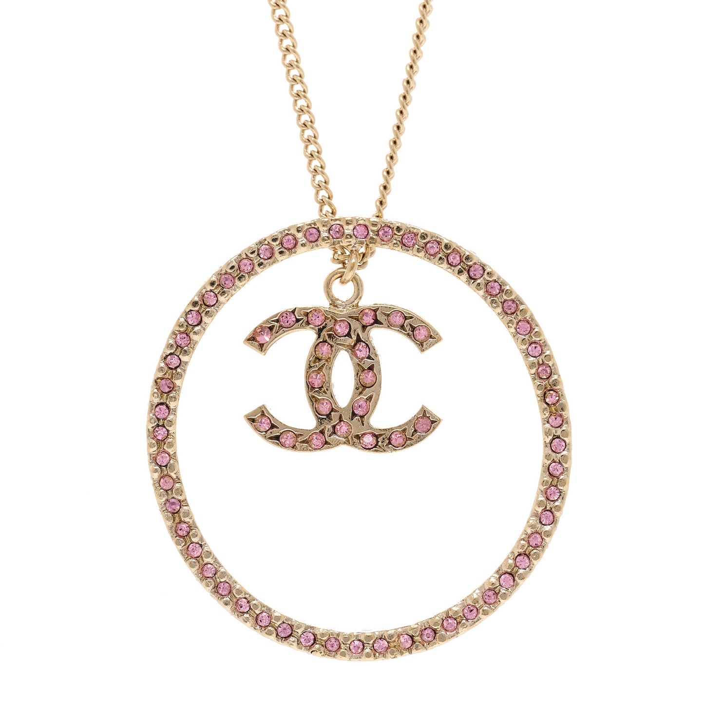 Crystal CC Long Pendant Necklace Gold Pink