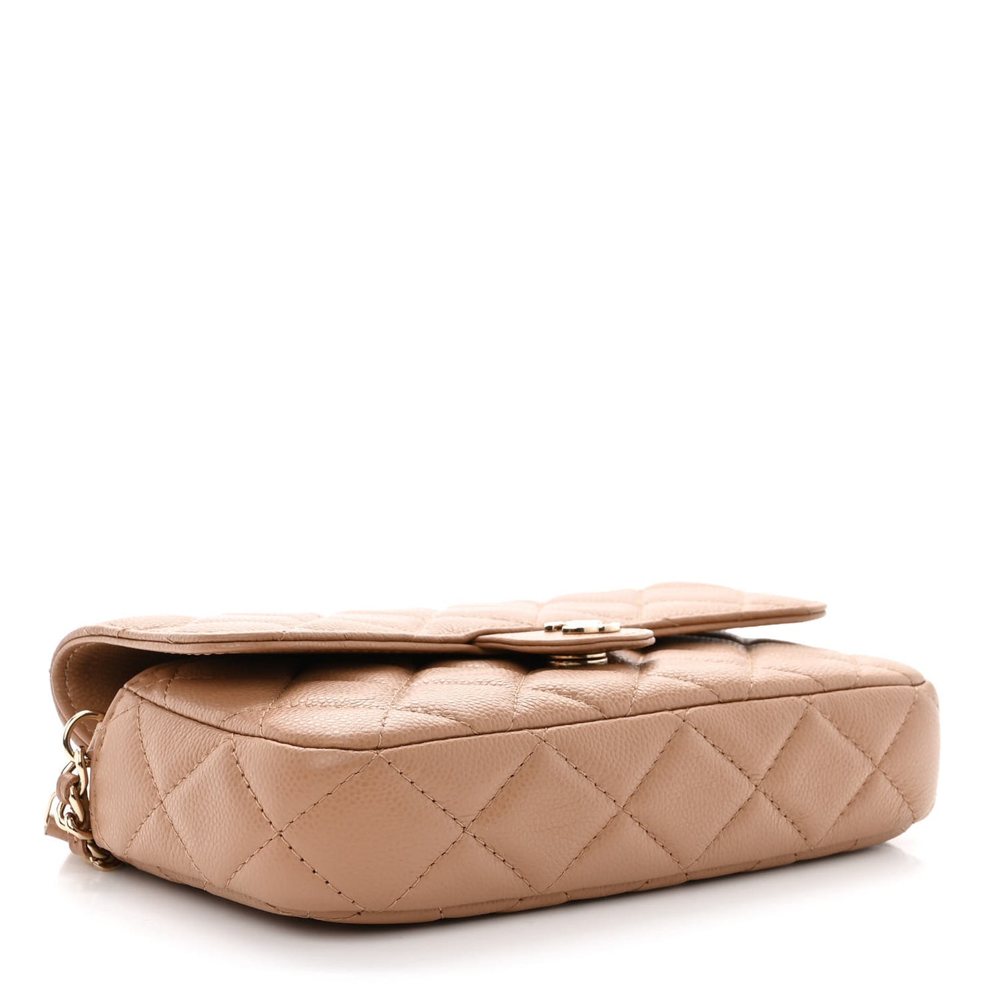 Caviar Quilted Flap Phone Holder With Chain Beige