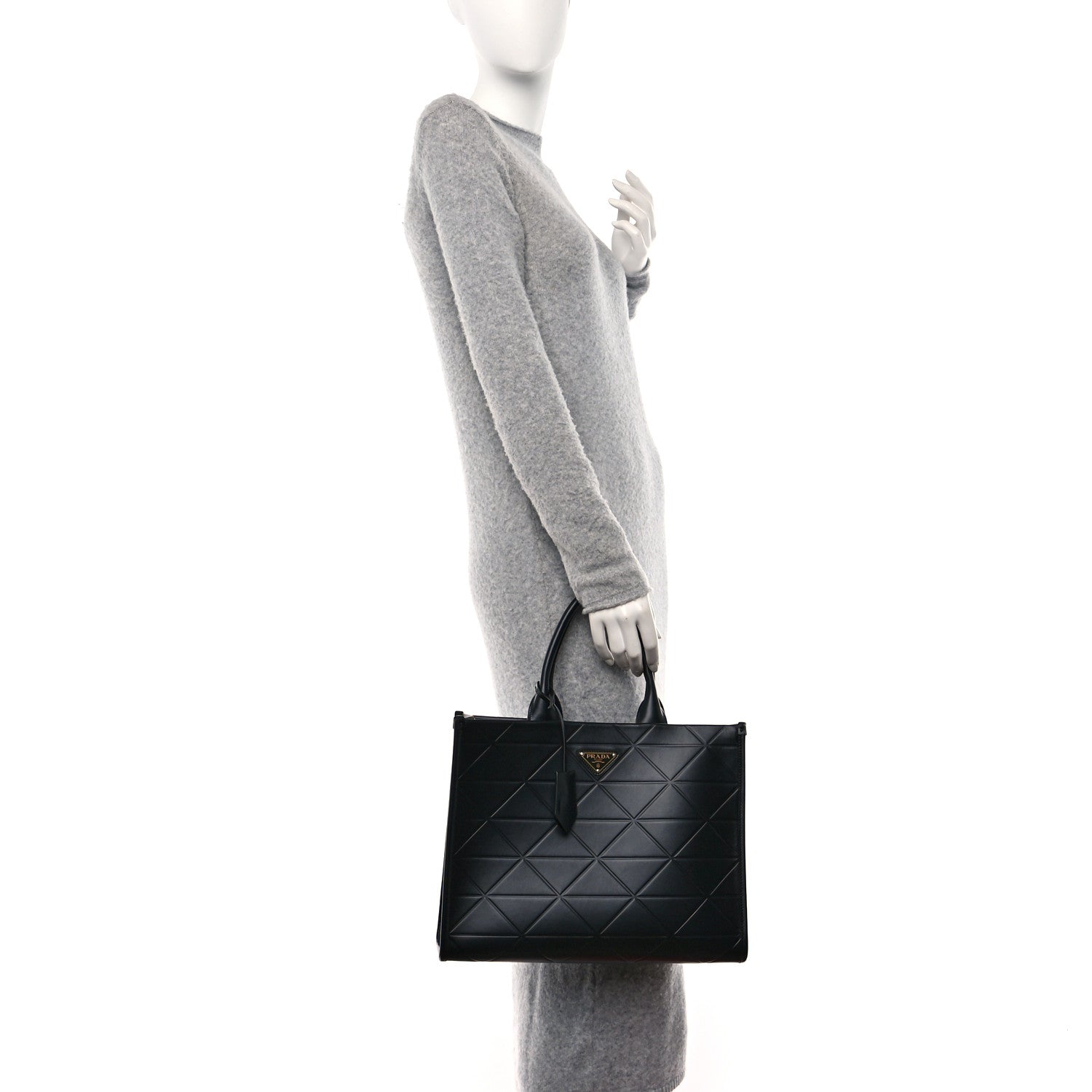 Prada Soft Calfskin Triangolo Symbole Embossed Medium Tote Black 2 of 9