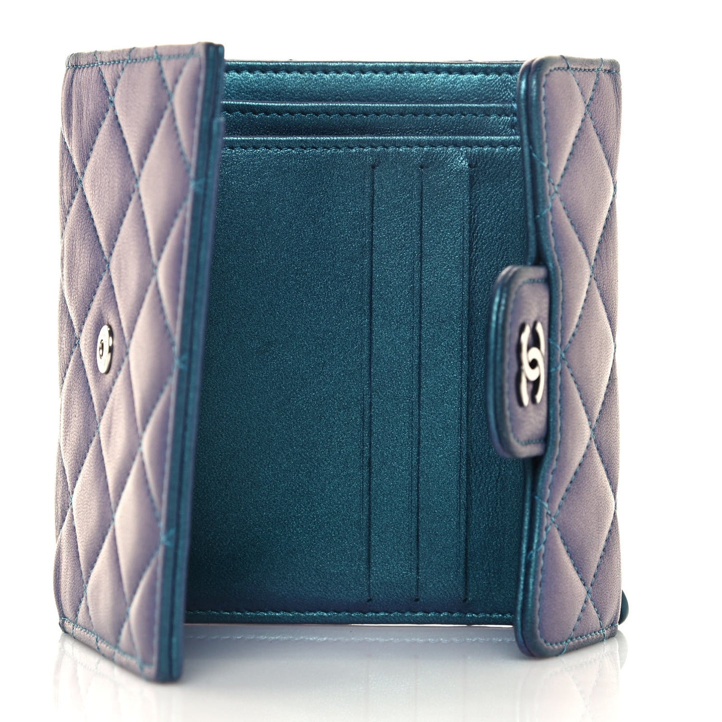 Metallic Lambskin Quilted Compact Flap Wallet Turquoise