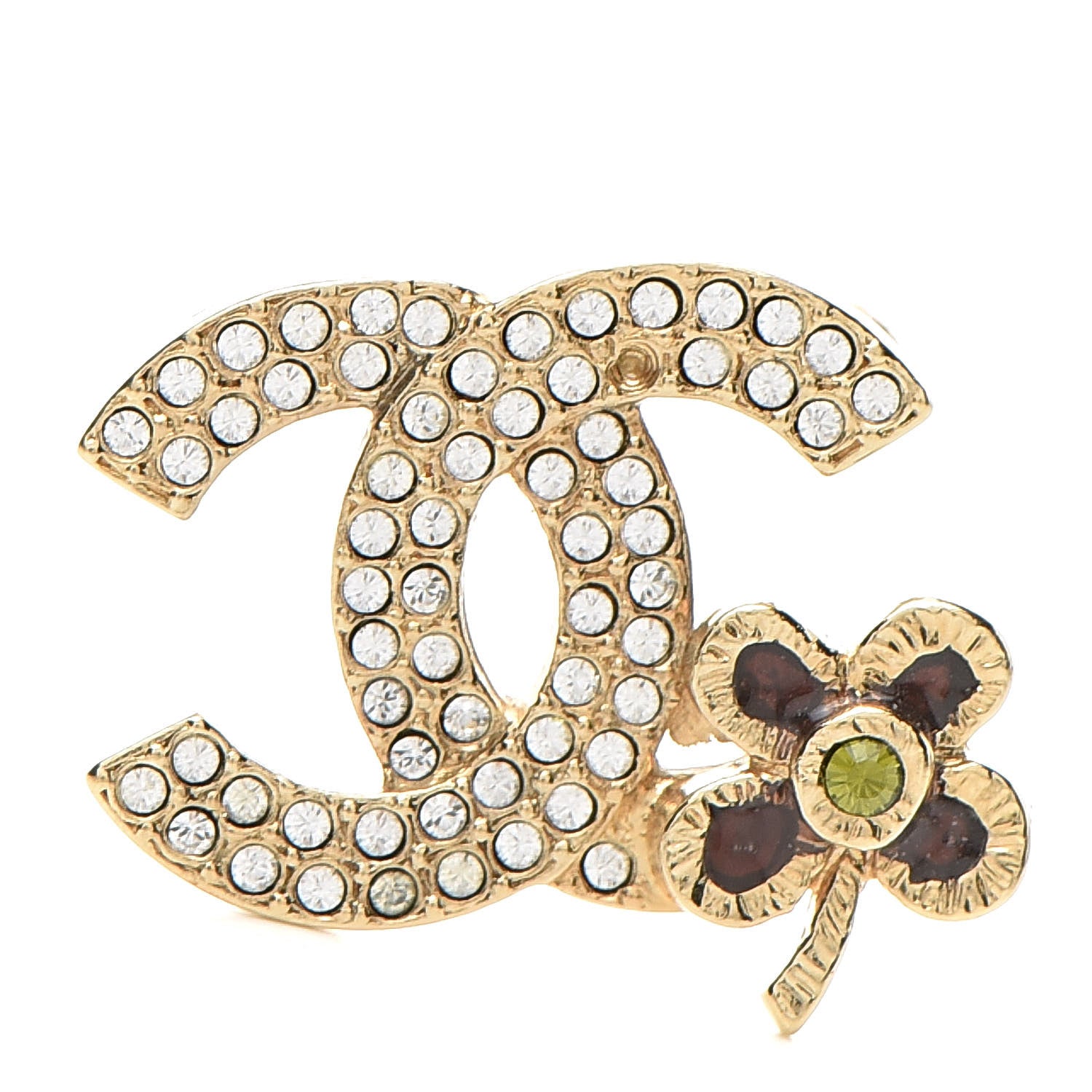 Chanel Crystal CC Clover Leaf Brooch Gold Green 1 of 5