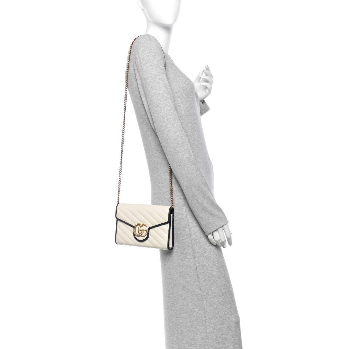 Vintage Effect Calfskin Matelasse Diagonal Torchon GG Marmont Chain Wallet Mystic White Blue Agata