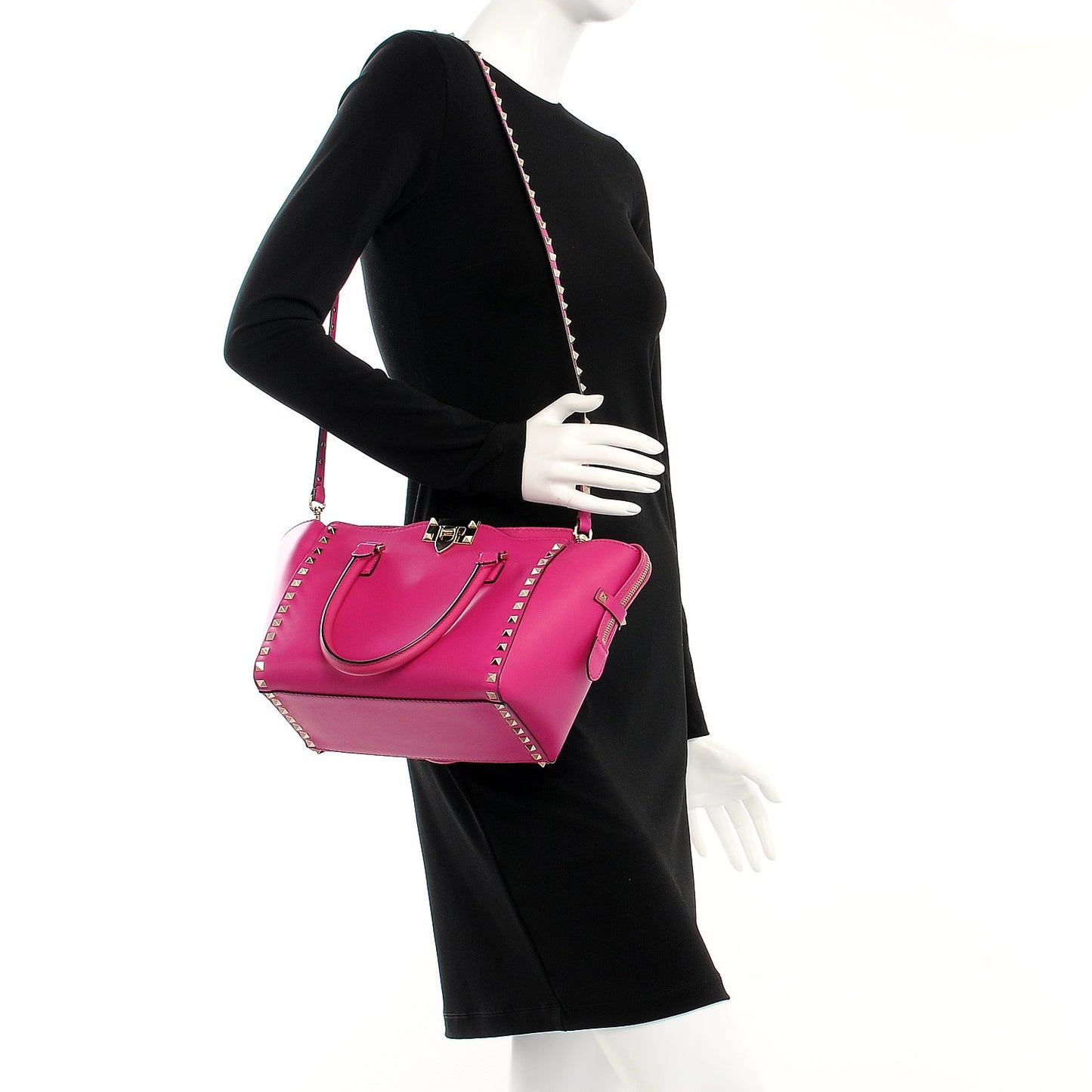 Vitello Small Rockstud Double Handle Tote Fuxia