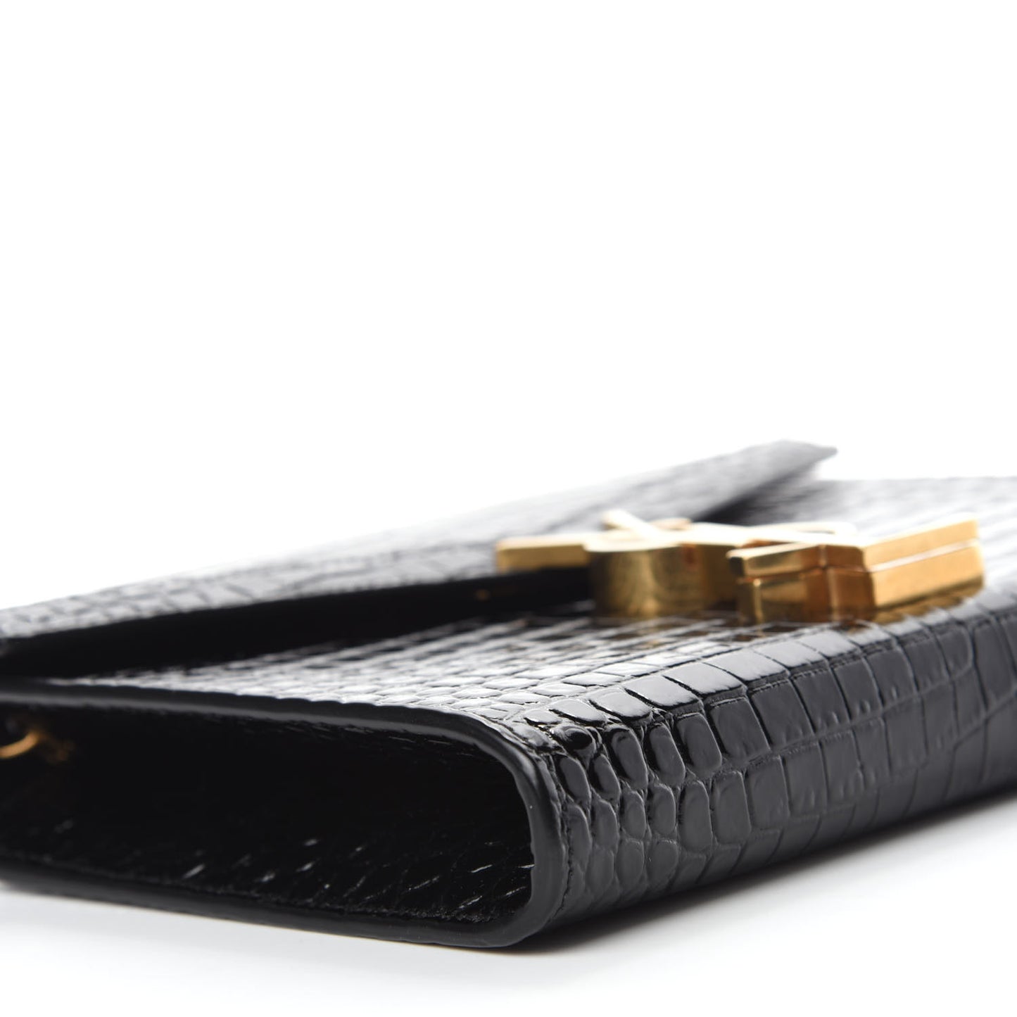 Calfskin Crocodile Embossed Monogram Cassandra Chain Wallet Black