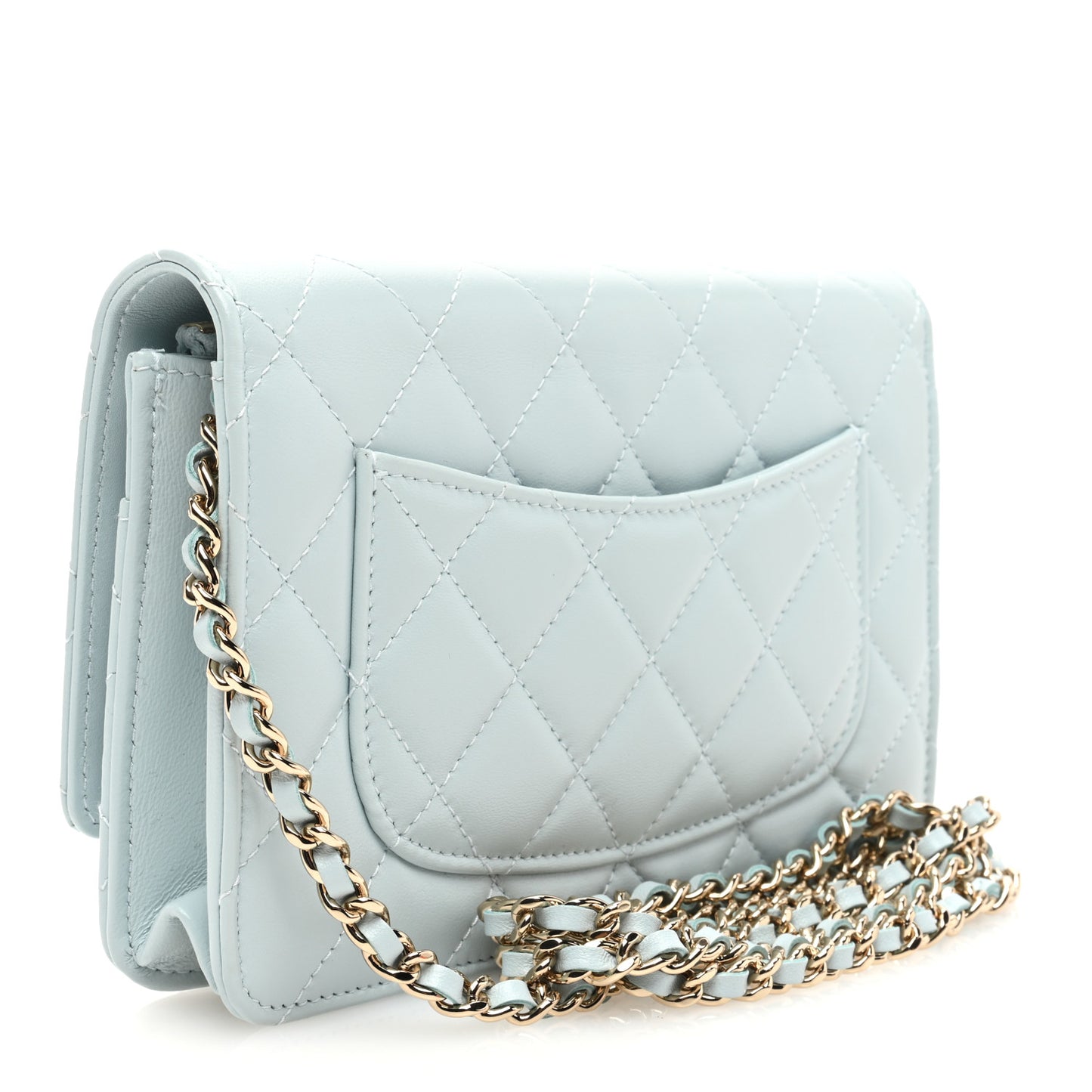 Lambskin Quilted Pearl CC Wallet on Chain WOC Light Blue
