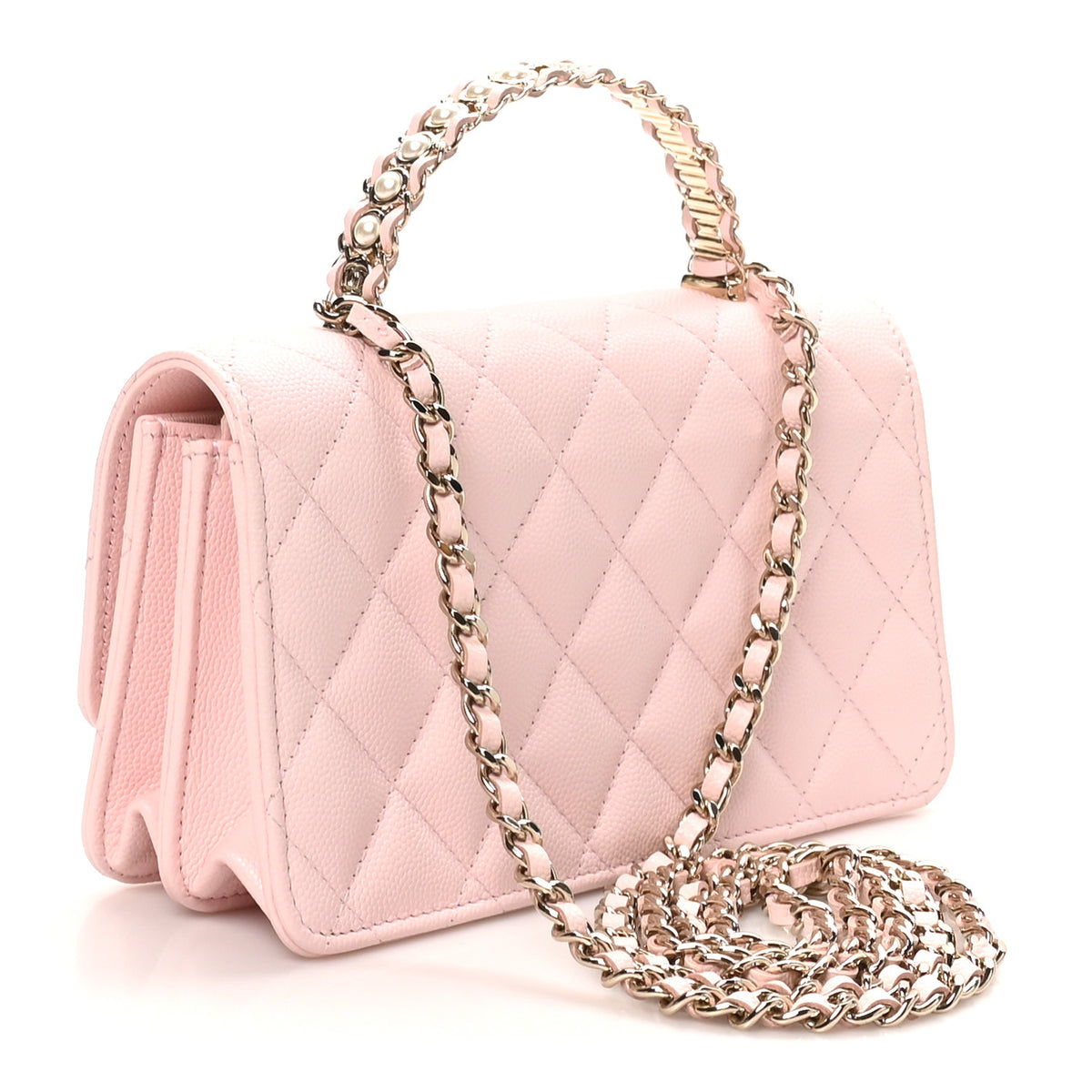 Lambskin Quilted Pearl Top Handle Clutch With Chain Light Pink