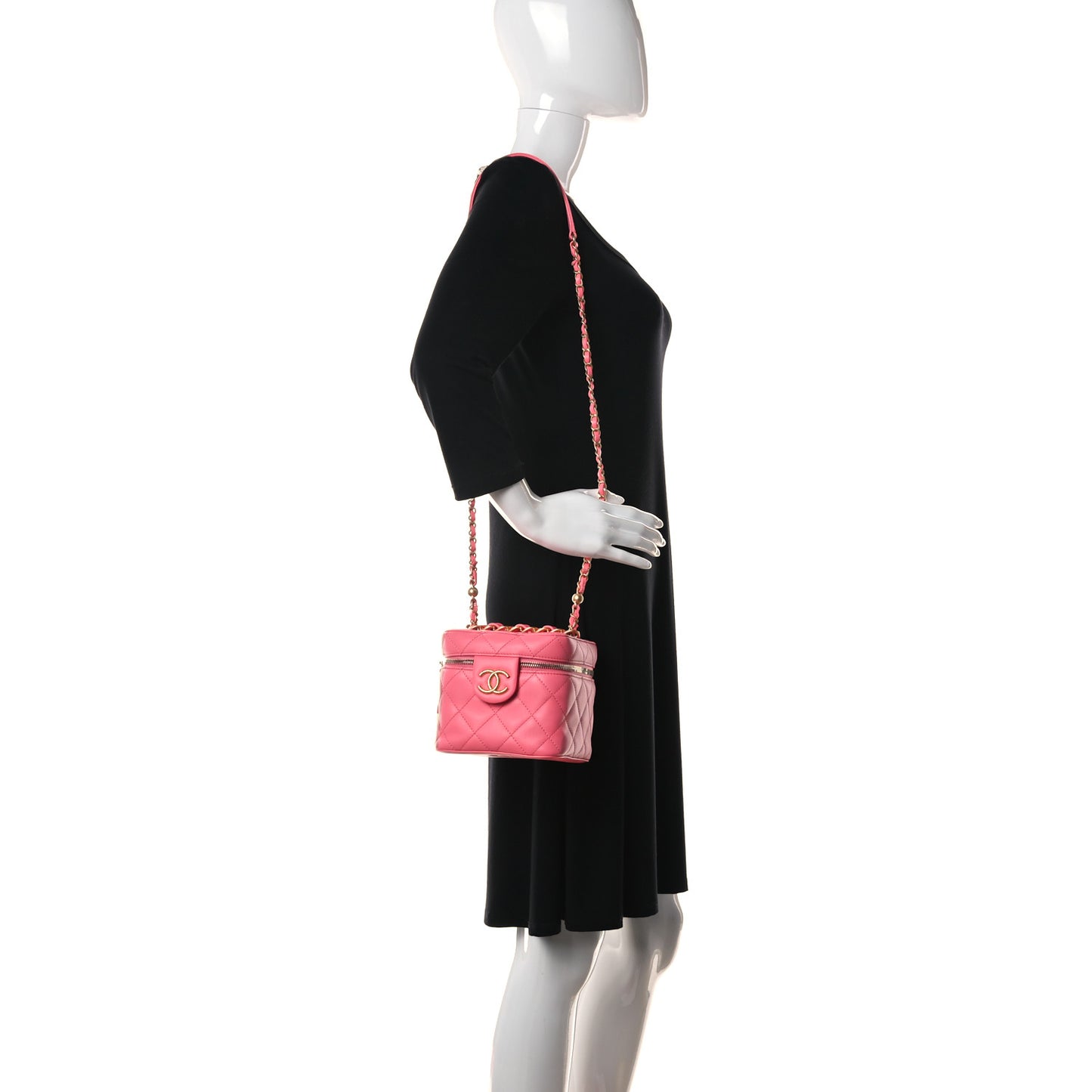 Calfskin Quilted Small Vanity Case With Chain Coral Pink